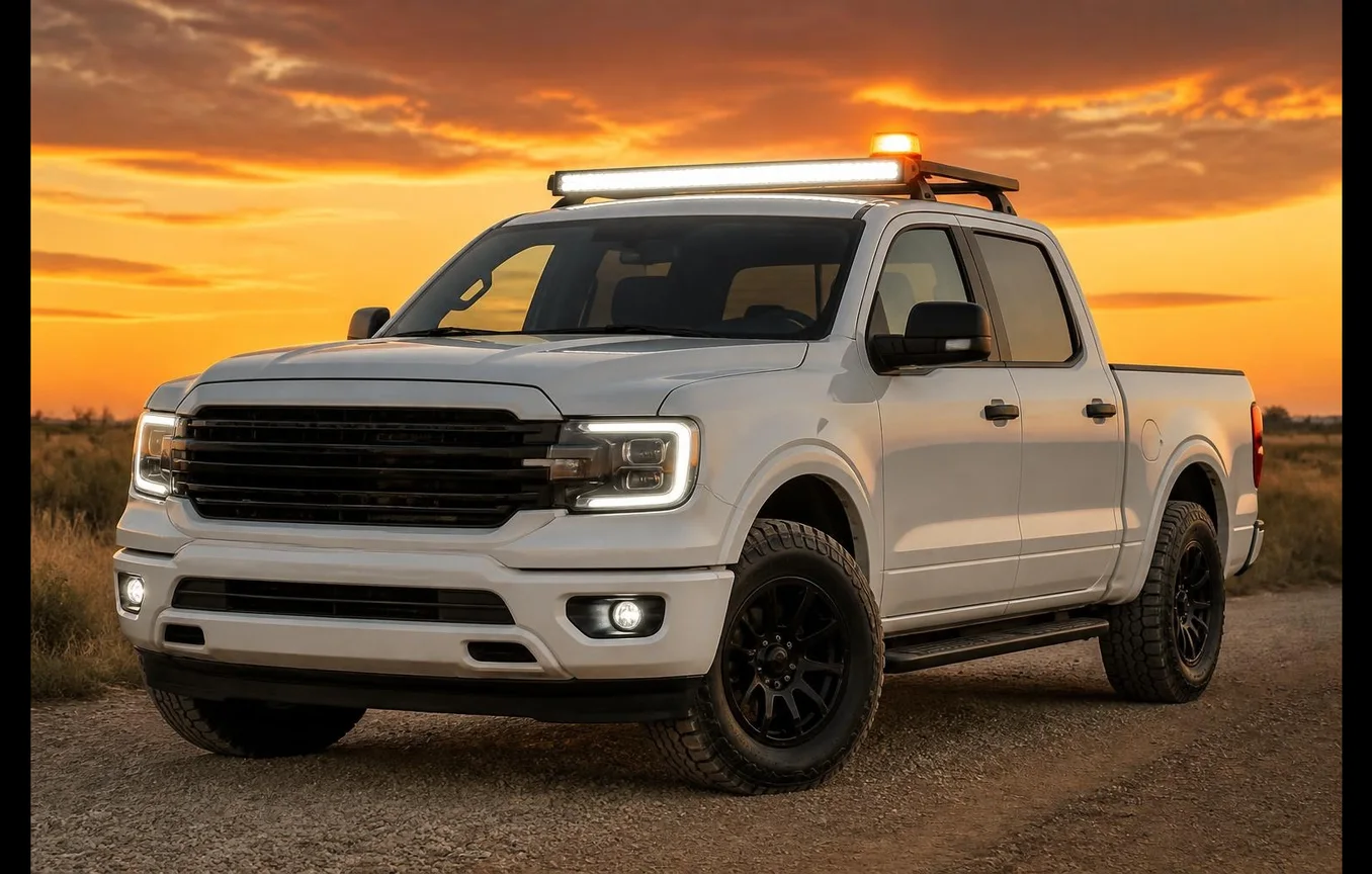 Pickup truck with roof light bar and amber beacon at sunset
