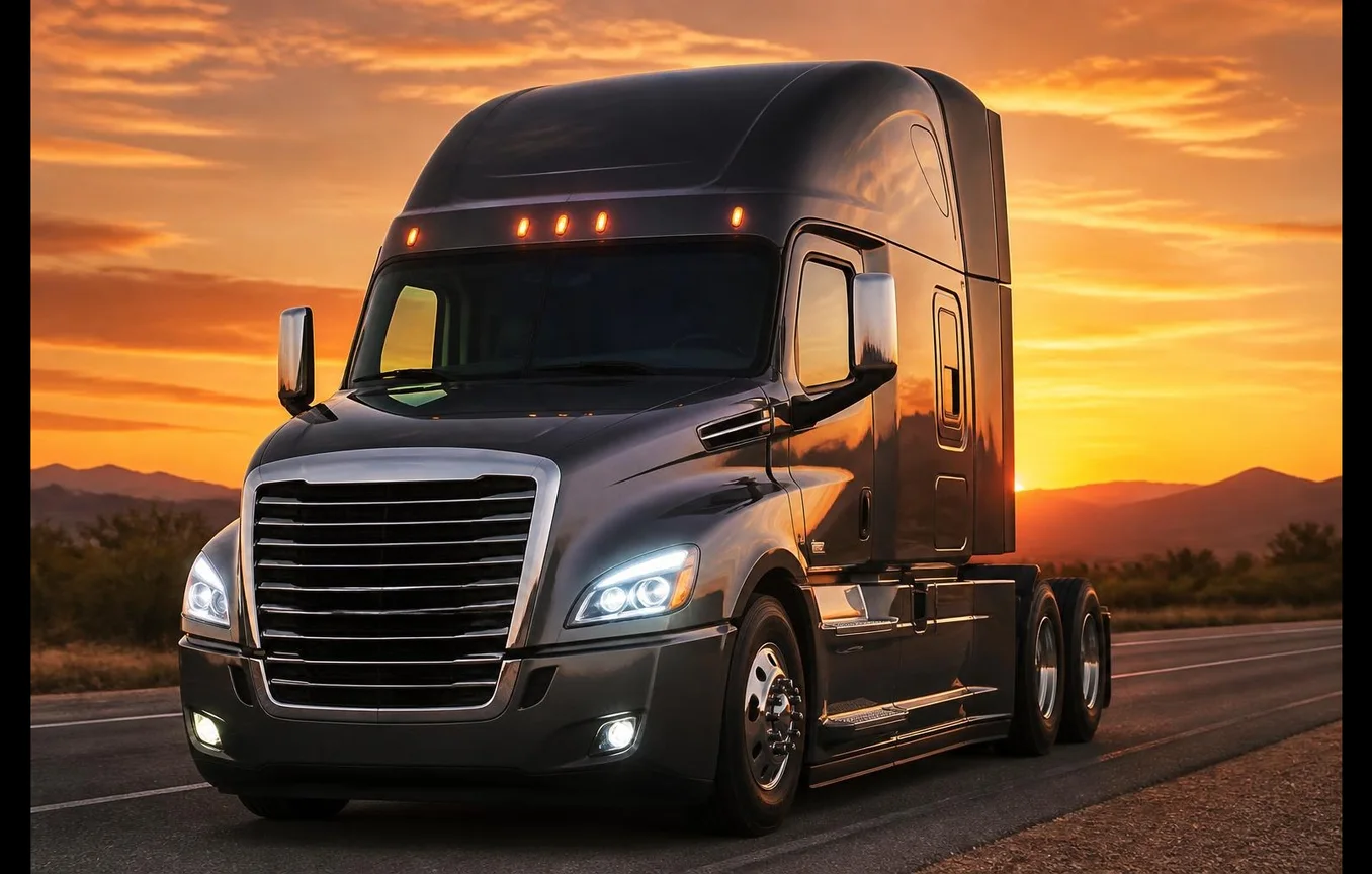 Semi tractor truck with cab marker lights at sunset