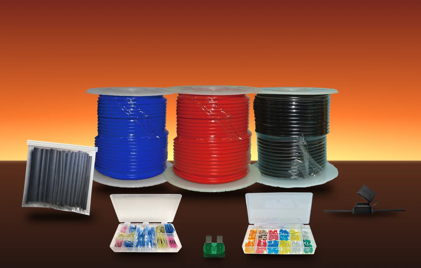 Primary wire spools, terminal kit, fuse kit and heat shrink tubing
