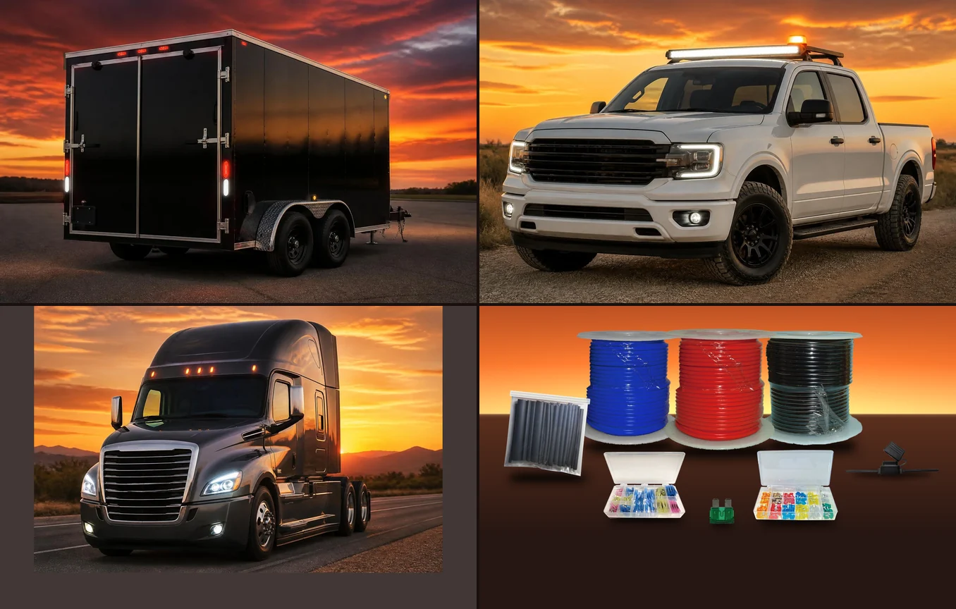 Enclosed trailer, pickup with light bar, semi tractor, and wire, terminals and fuses