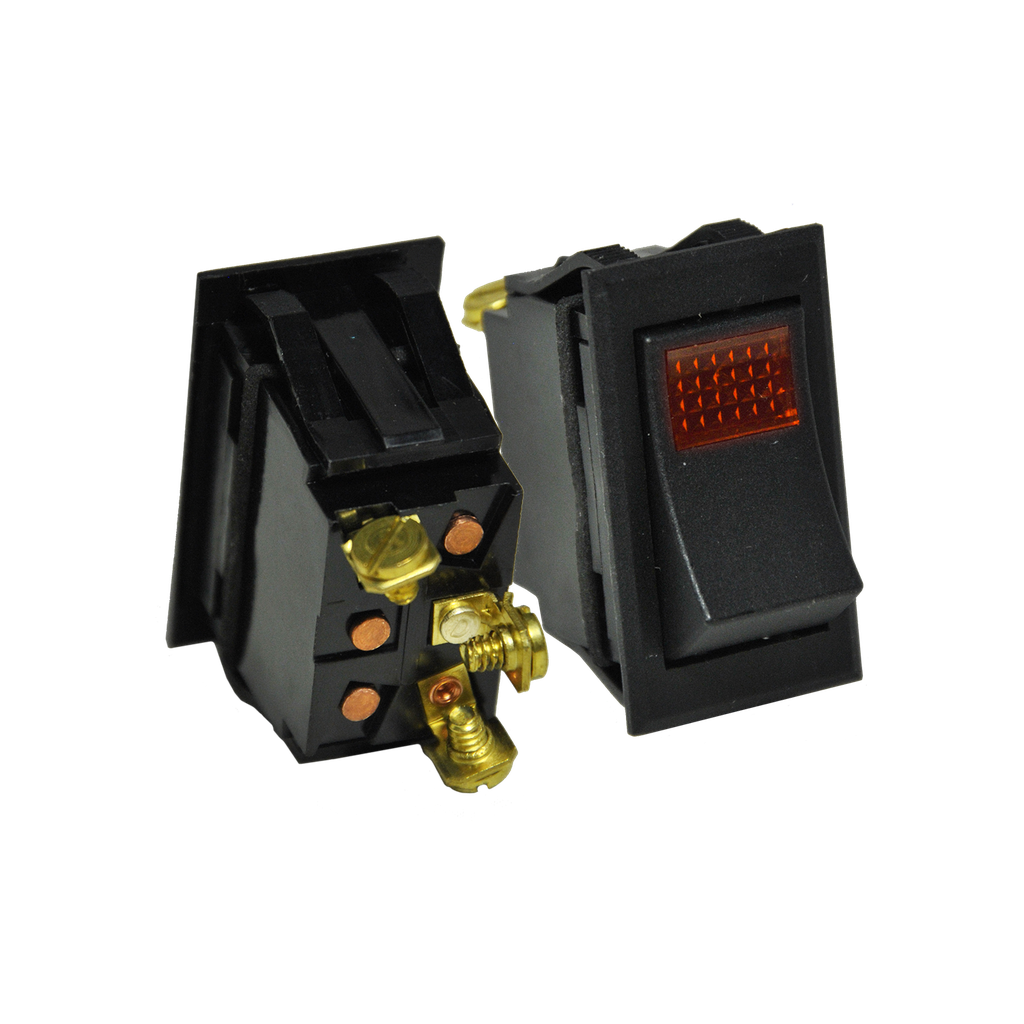 On-Off Rocker Black Switch w/ Amber Pilot Light 12V 3 Screws